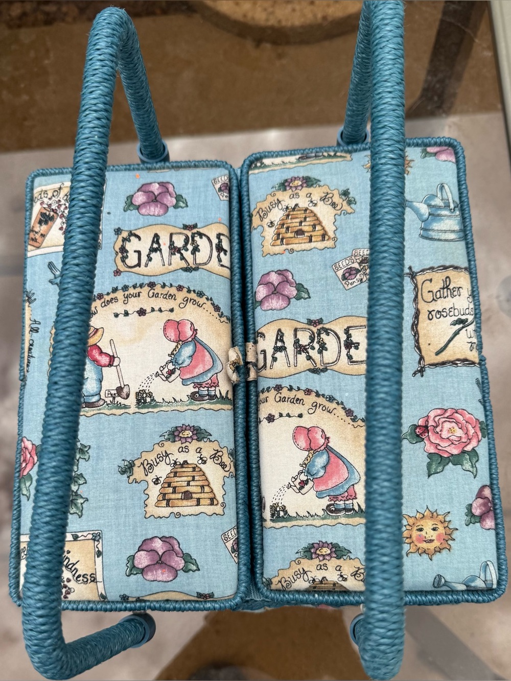 Vintage Blue Garden Print sewing Basket with Rope Handles